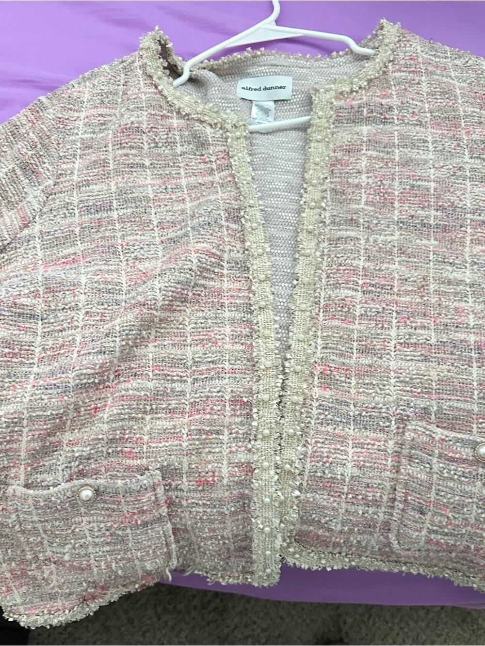 Alfred Dunner Blush Pink Tweed Fringe-Trim Jacket